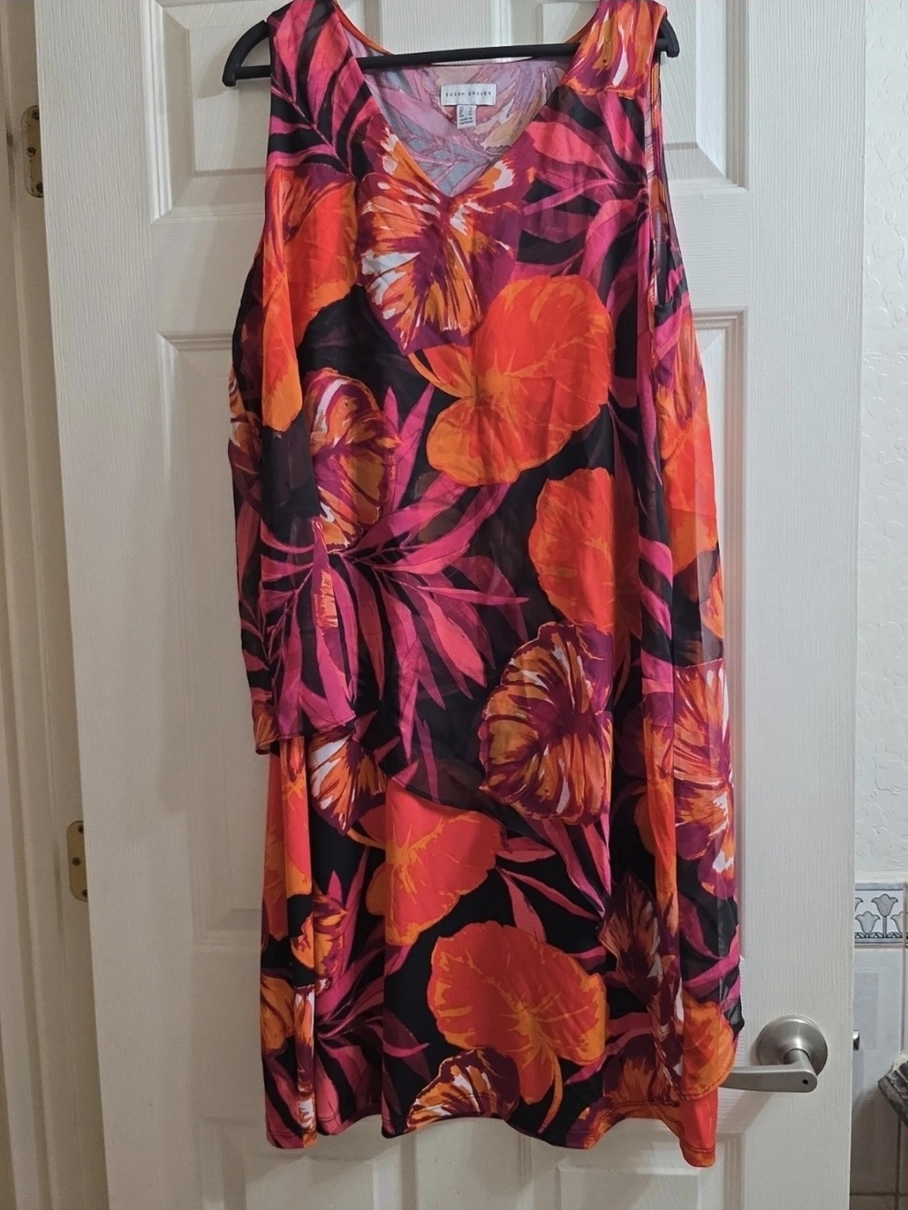 Tropical Floral V-Neck Midi Dress in Pink & Orange by Susan Graver